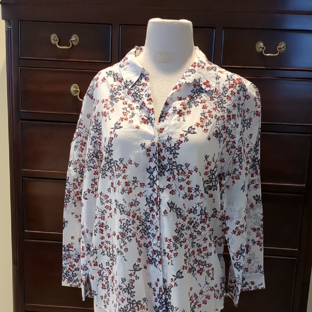 Orvis White and Red Floral Button Down Shirt